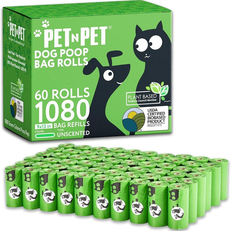 1080-pack green dog poop bags, 41% plant-based and 59% PE extra-thick dog poop bag roll, 9" x 13", unscented pet waste bags