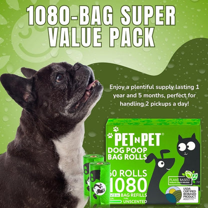 1080-pack green dog poop bags, 41% plant-based and 59% PE extra-thick dog poop bag roll, 9" x 13", unscented pet waste bags