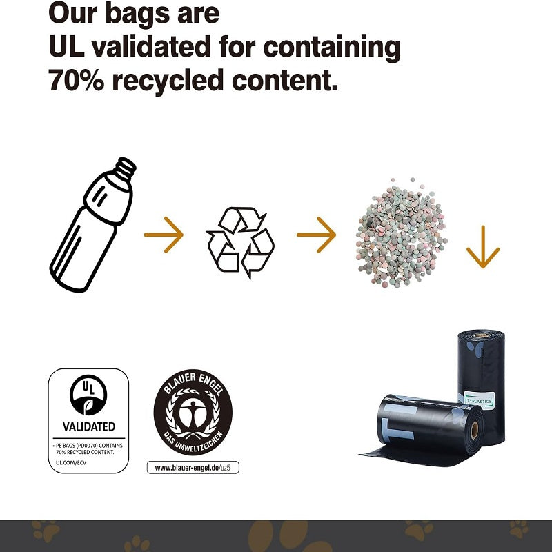 70% Recycled Dog Poop Bags - 360pcs Unscented Leak Proof with Dispenser (Black)