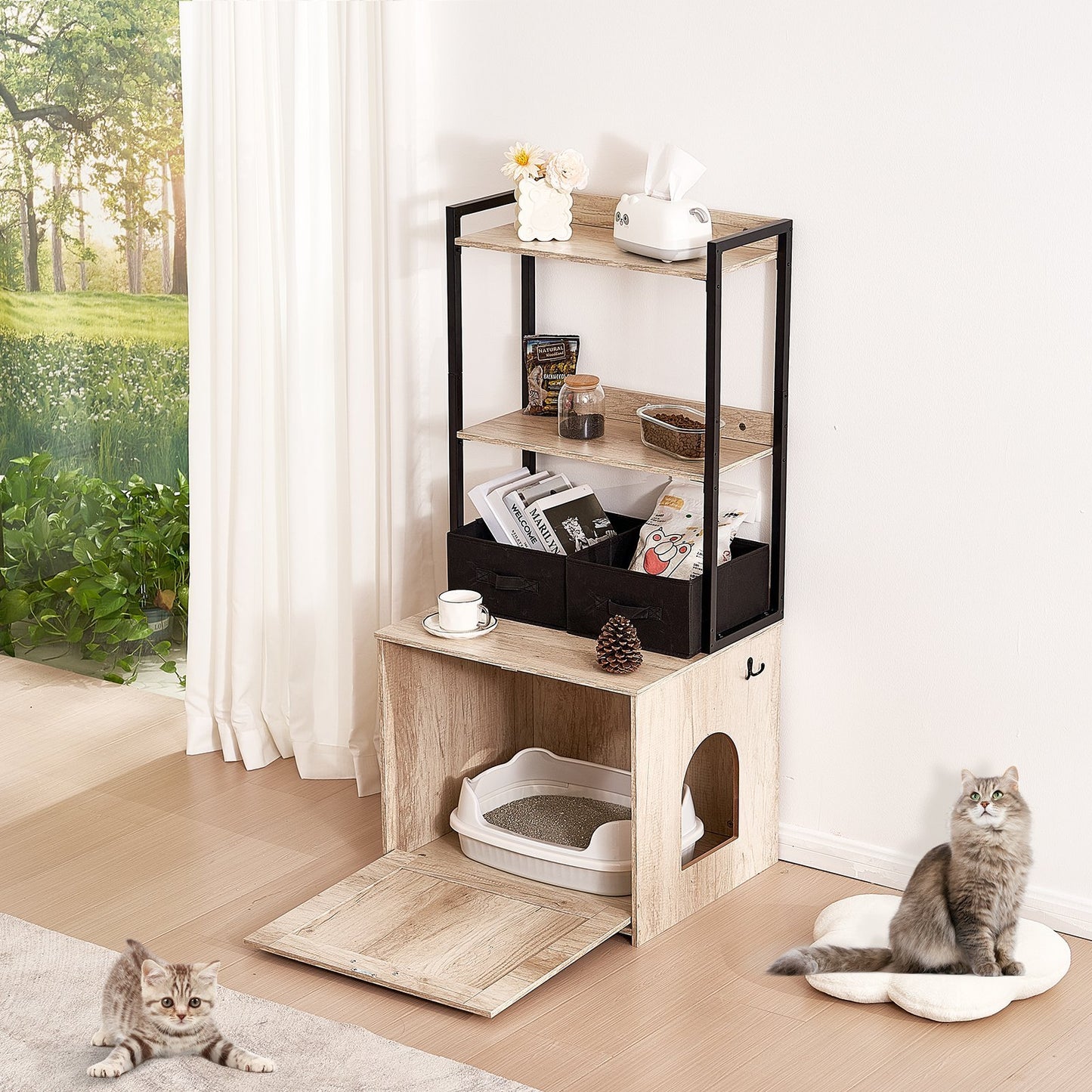 VEVOR Cat Litter Box Enclosure Litter Box Furniture Hidden 2 Shelves & 2 Baskets