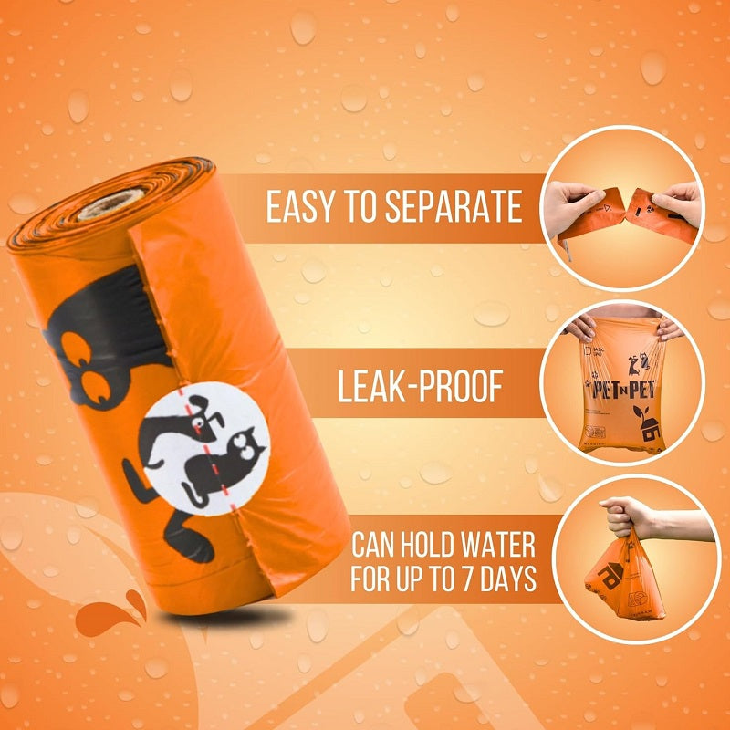 1080-pack orange dog poop bags, 41% plant-based and 59% PE extra-thick dog poop bag rolls, 9 inches x 13 inches, unscented pet waste bags.
