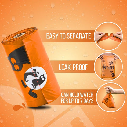 1080-pack orange dog poop bags, 41% plant-based and 59% PE extra-thick dog poop bag rolls, 9 inches x 13 inches, unscented pet waste bags.