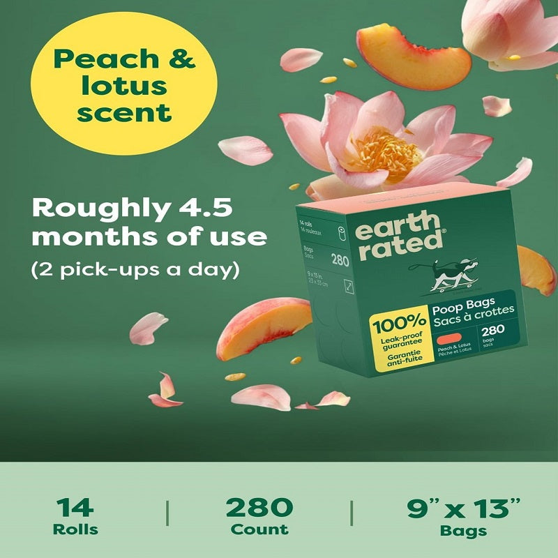 Dog poop bags, leak-proof and extra-thick garbage bag refill rolls, peach and lotus flavors, 280 bags.