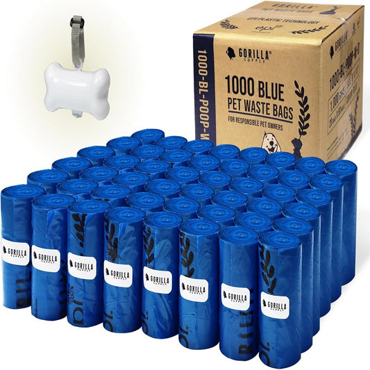 GORILLA SUPPLY 1000 Dog Poop Bags with Dispenser and Leash, 9 inches x 13 inches, Blue, 1000 bags per pack