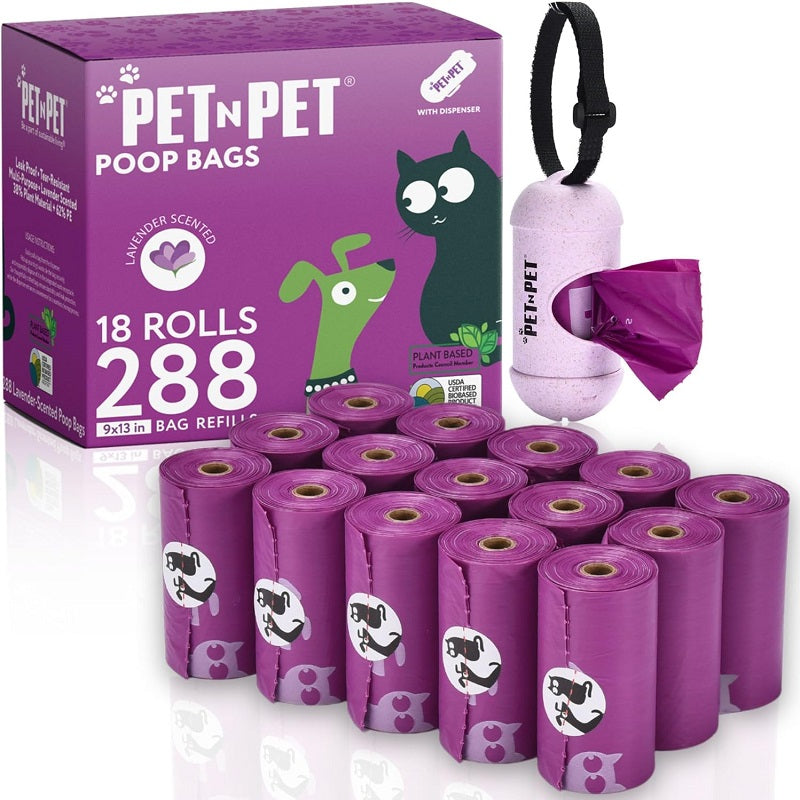 Pet-N-Pet 288 Lavender Dog Poop Bags – Plant-Based & Leak-Proof + Dispenser