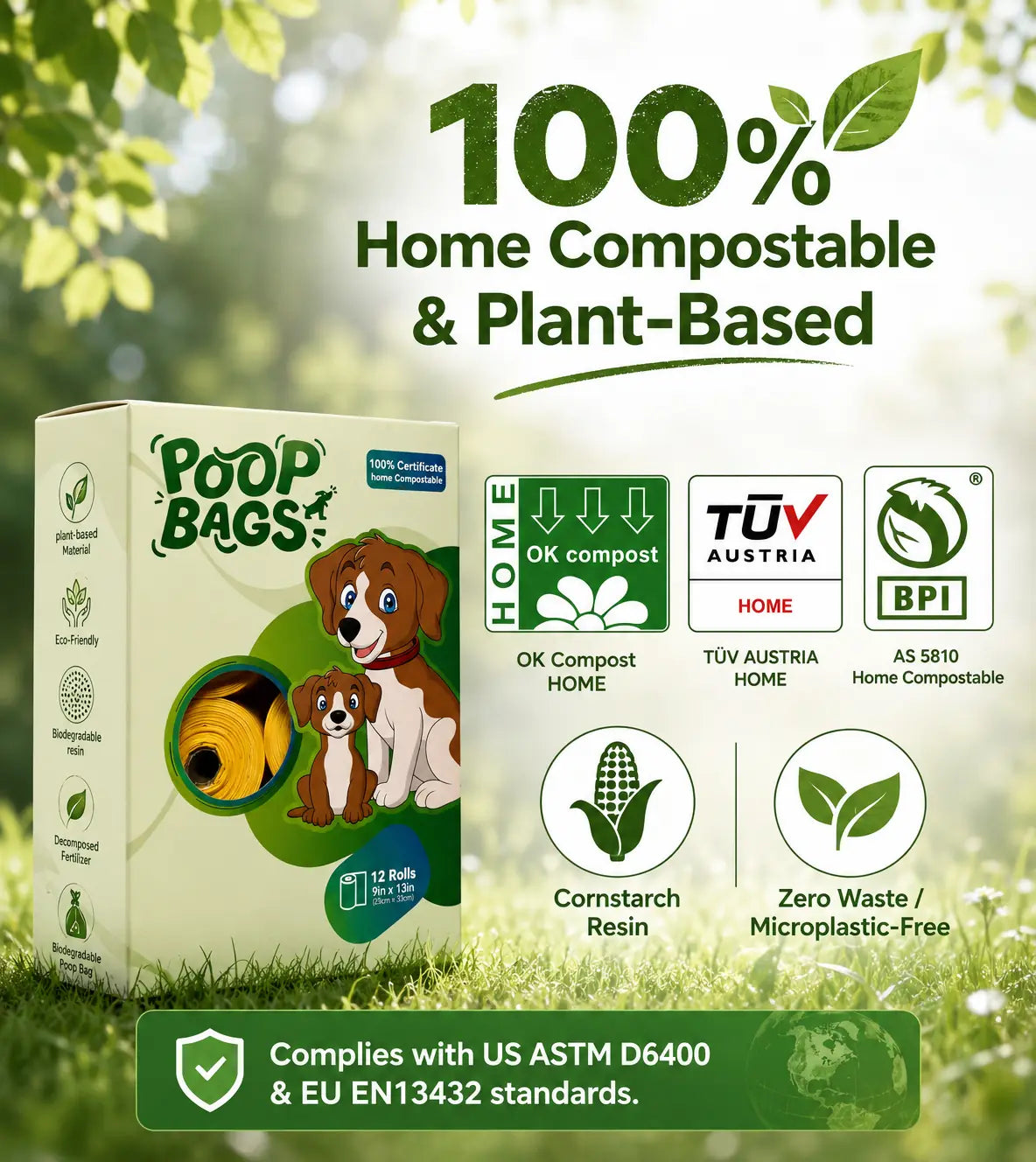 Dog Poop Bags Rolls 12 Rolls 180 Bags, 9x13 in 20 microns thick