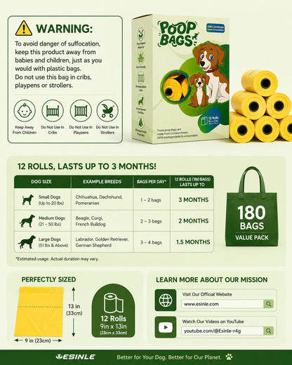 Dog Poop Bags Rolls 12 Rolls 180 Bags, 9x13 in 20 microns thick