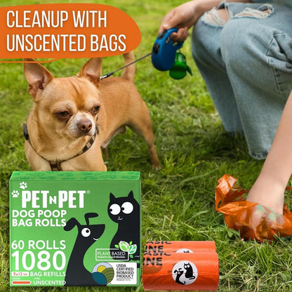 1080-pack orange dog poop bags, 41% plant-based and 59% PE extra-thick dog poop bag rolls, 9 inches x 13 inches, unscented pet waste bags.