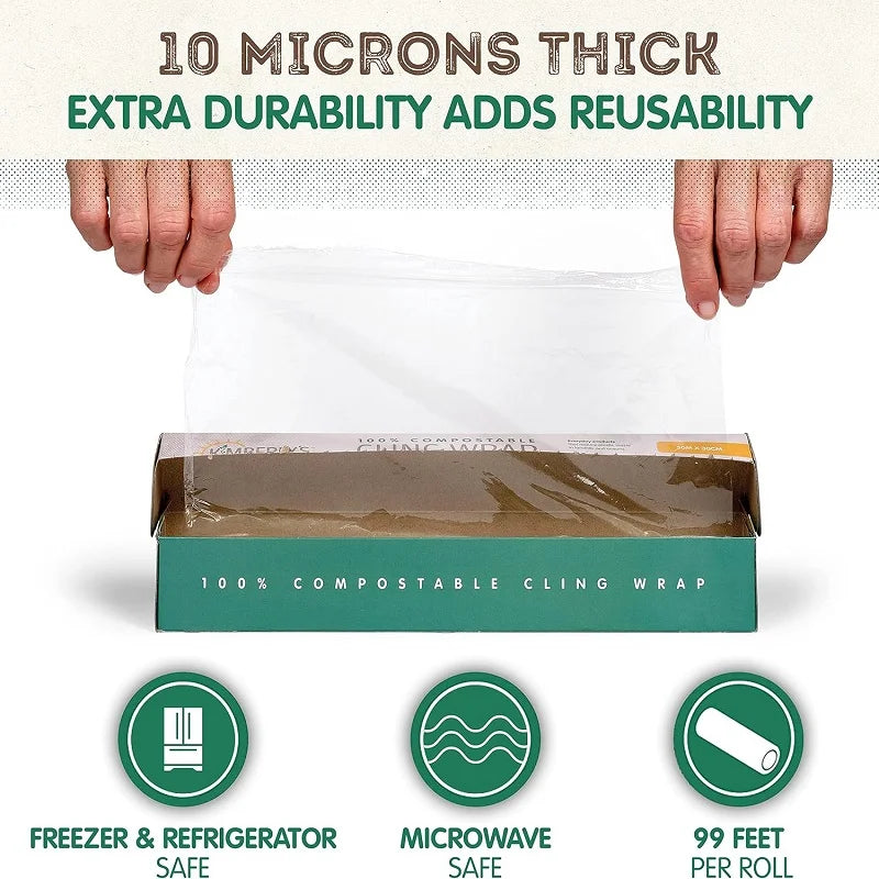 100% Certified Compostable Cling Film - Food-Safe Eco-Friendly Plastic Wrap