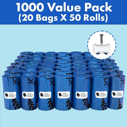 GORILLA SUPPLY 1000 Dog Poop Bags with Dispenser and Leash, 9 inches x 13 inches, Blue, 1000 bags per pack