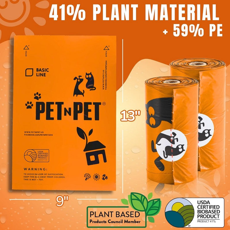 1080-pack orange dog poop bags, 41% plant-based and 59% PE extra-thick dog poop bag rolls, 9 inches x 13 inches, unscented pet waste bags.