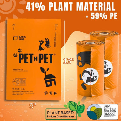 1080-pack orange dog poop bags, 41% plant-based and 59% PE extra-thick dog poop bag rolls, 9 inches x 13 inches, unscented pet waste bags.