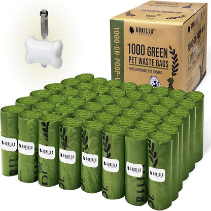 GORILLA SUPPLY 1000 Dog Poop Bags with Dispenser and Leash, 9 inches x 13 inches, Blue, 1000 bags per pack