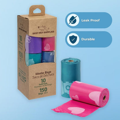 Best Pet Supplies 150 Dog Poop Bags - Leak-Proof Tear-Resistant Thick Plastic (Assorted Colors)