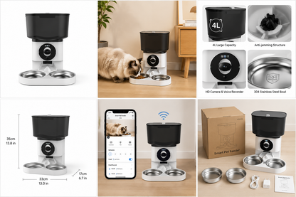 Automatic pet feeding station with dual bowls and visual monitoring design