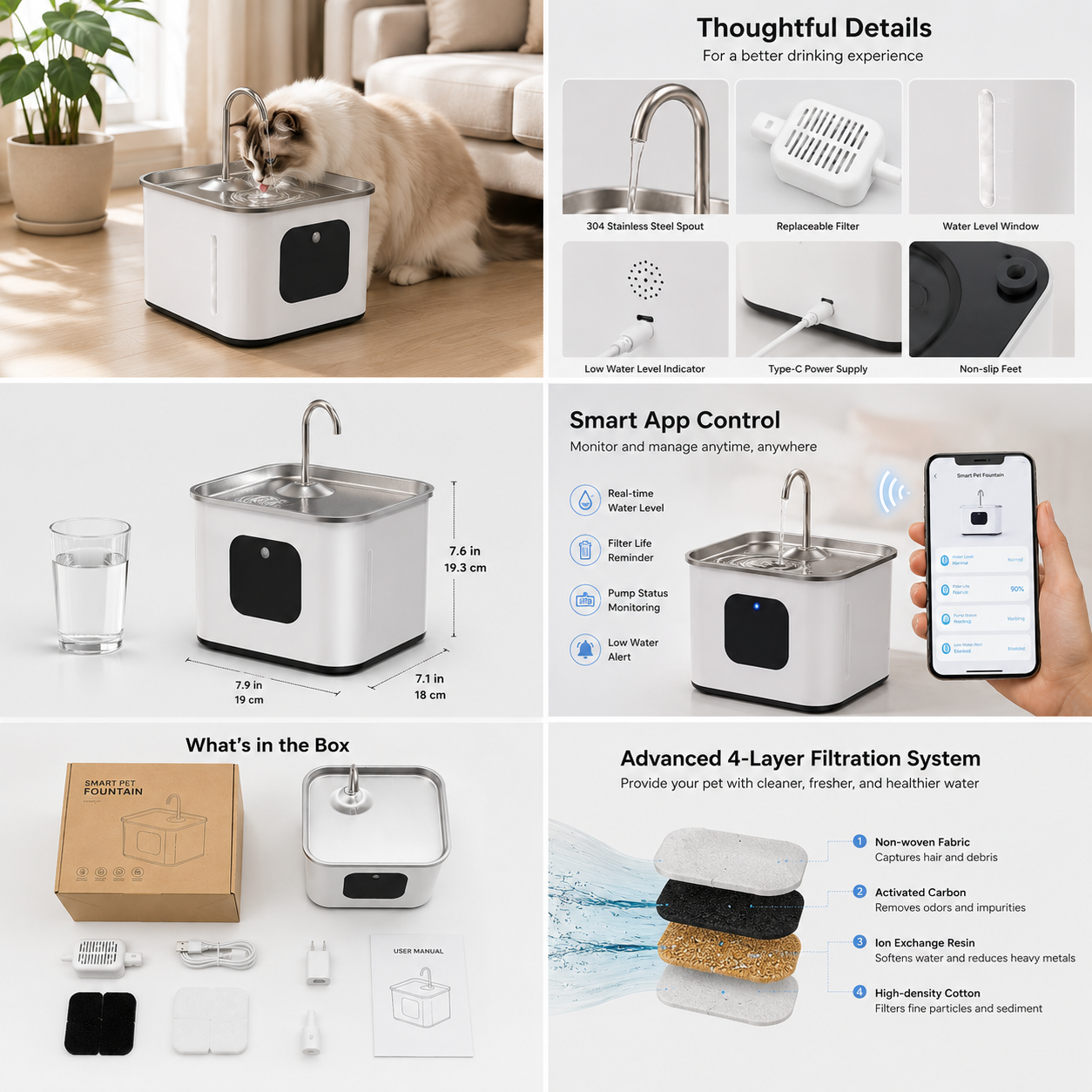 Sensor activated water fountain for pets with modern design and filtered water system